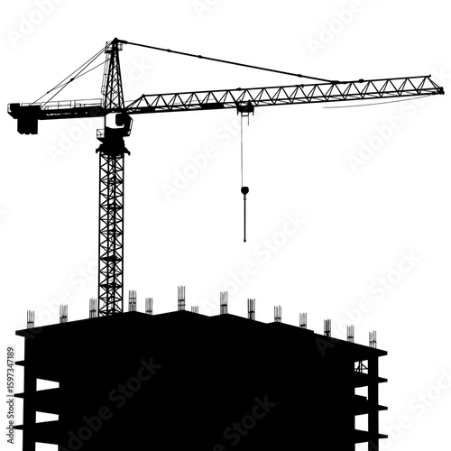 A stark silhouette of a tall tower crane operating at a construction site, lifting materials for a multi-story building under development against a clean white background.