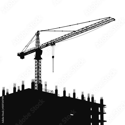 A striking black silhouette of a towering construction crane overseeing the development of a building against a clean white background.