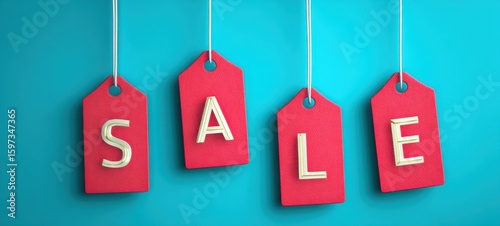 The vibrant sale tags hanging against a bright blue background.