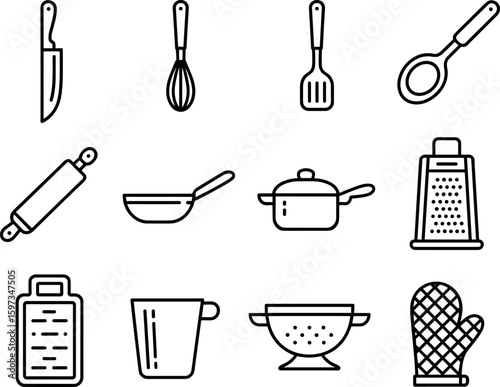 Twelve Black and White Kitchen Utensil Vector Icons Set Cooking Tools Line Art Graphic Design