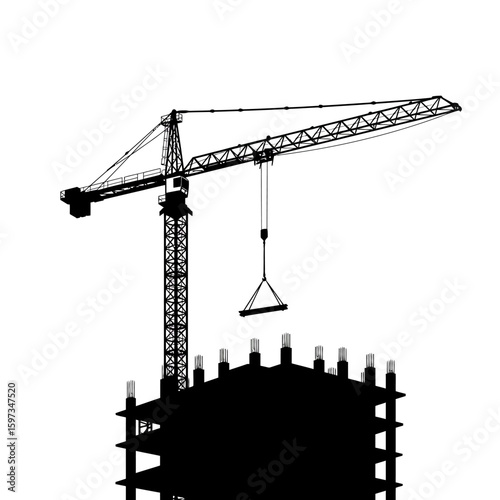 A striking black silhouette illustration depicts a towering construction crane actively lifting materials over an unfinished building against a clean white background.