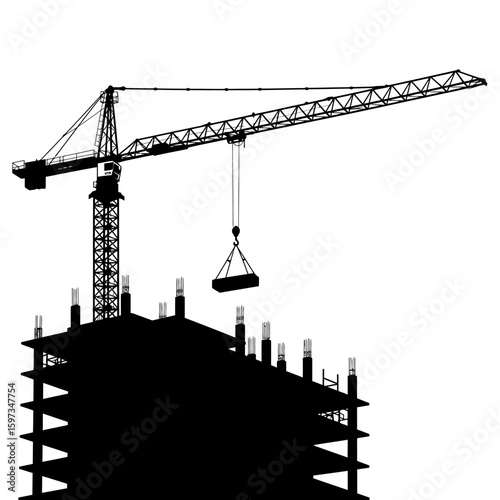 A stark black silhouette of a towering construction crane actively lifting a heavy load above the unfinished framework of a modern building.