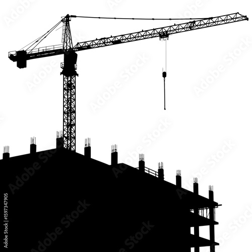 A striking black silhouette of a towering construction crane overlooks the unfinished structure of a building against a clean white background.