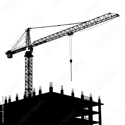 A striking silhouette illustration depicts a towering construction crane overseeing the development of a modern building against a stark white background.