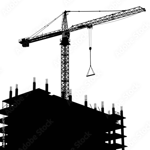 A striking silhouette illustration depicts a towering construction crane actively working on an unfinished building, symbolizing urban development and progress.