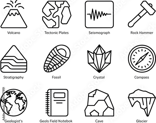 Twelve Black and White Line Art Geology Icons Volcano Tectonic Plates Seismograph Rock Hammer