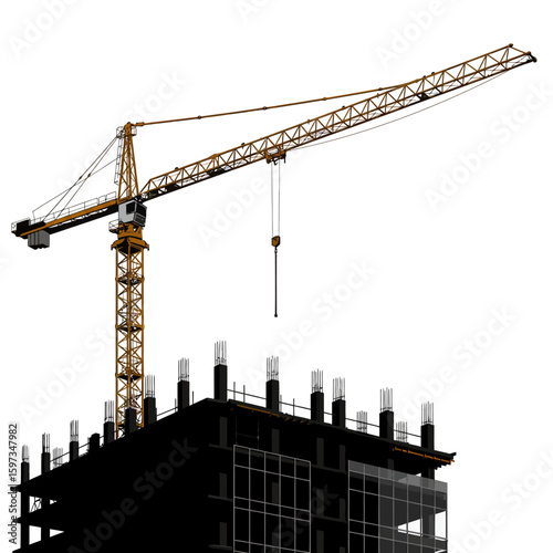 A yellow construction crane lifts building materials against a white background during a new skyscraper construction project, signifying progress and development in the urban landscape.