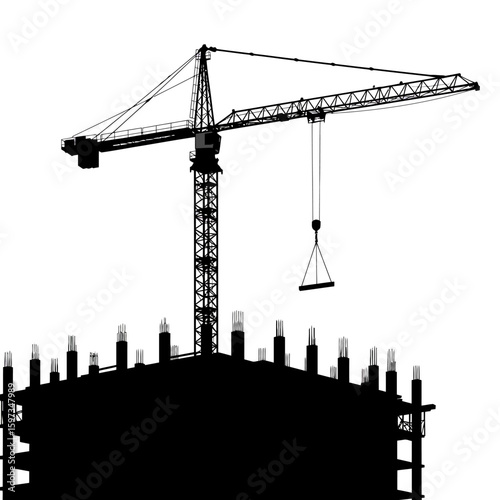 A striking black silhouette of a towering construction crane actively working above a building under development against a clean white background.