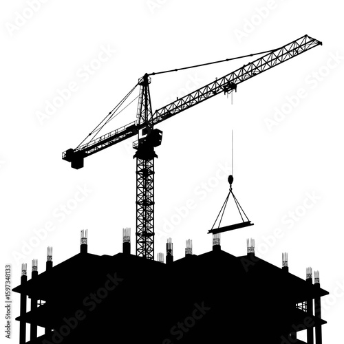An iconic black silhouette depicts a powerful construction crane lifting a heavy beam above the unfinished structure of a modern building.
