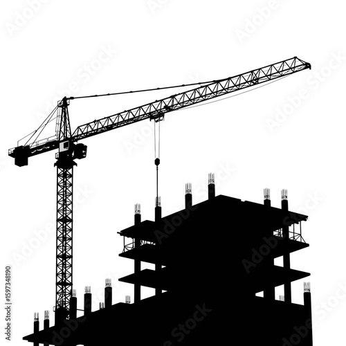 A construction crane silhouetted against a bright white backdrop, working on a new building structure, showcasing the process of urban development.