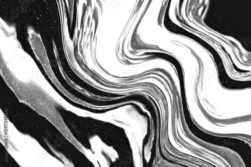 Psychedelic grungy noise art featuring abstract black and white swirls with chrome-like reflections and shimmering textures showcasing dynamic visual movement and energy