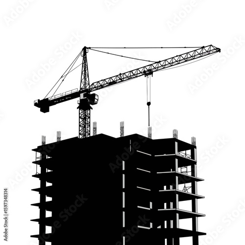 A stark black silhouette of a towering construction crane overseeing the progress of an unfinished high-rise building against a clean white background.