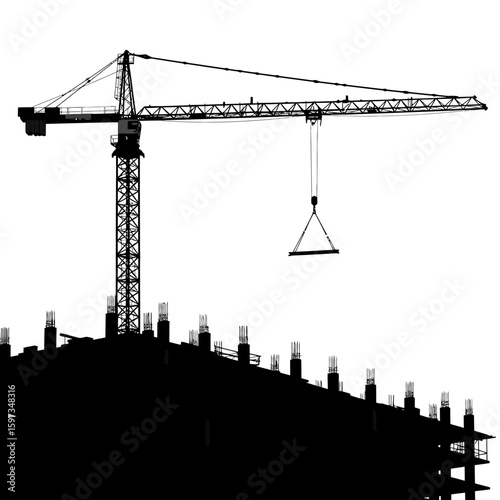 A towering construction crane silhouette lifts materials above a building under development, symbolizing industrial progress and urban growth.