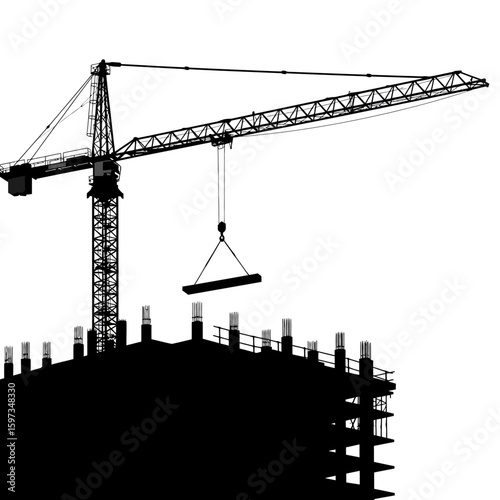 A powerful construction crane in silhouette lifts a heavy steel beam over an unfinished building against a stark white background, symbolizing urban development.