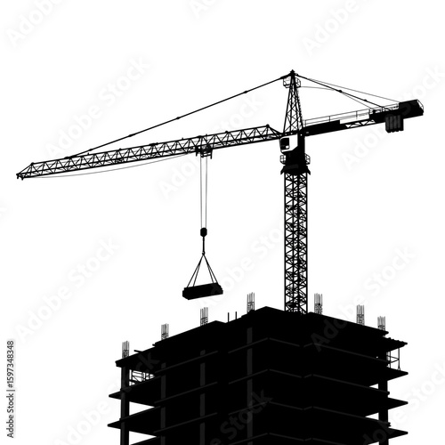 A stark black silhouette of a towering construction crane lifting a heavy load above an unfinished building structure against a clean white background.