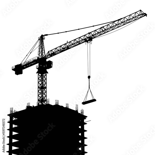 A stark black silhouette of a towering construction crane actively lifting materials onto a building under development against a clean white background.