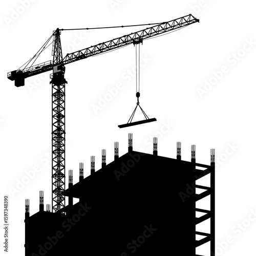 A stark black silhouette of a towering construction crane lifts a heavy steel beam above an unfinished building frame against a clean white background.