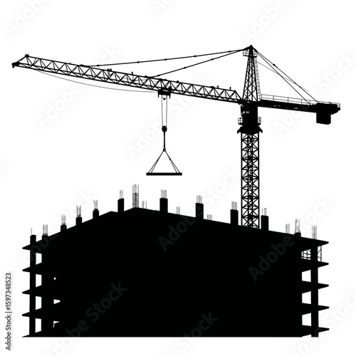 A stark black silhouette of a powerful tower crane actively lifting materials above an unfinished building, representing ongoing urban development.