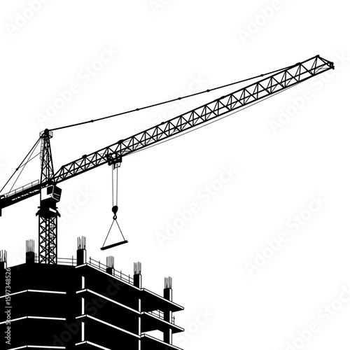 A stark black and white silhouette graphic depicts a large construction crane lifting a structural beam onto an unfinished building, symbolizing urban development.
