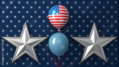 American Flag Balloons and Stars on Blue Background