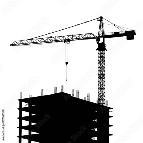 Silhouetted against a bright white background, a large tower crane stands tall over the skeletal structure of a new building, representing modern development.