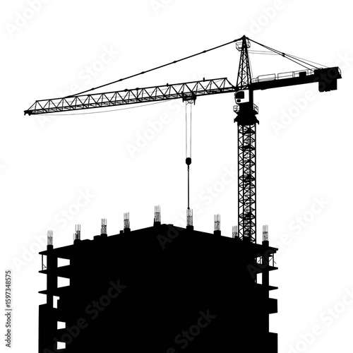 A stark black silhouette of a towering construction crane overlooks an unfinished building against a clean white background, symbolizing urban development.