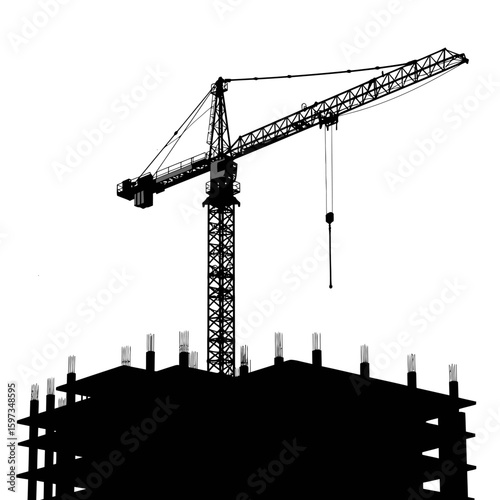 A stark black silhouette of a towering construction crane overlooks the unfinished framework of a modern building against a clean white background.