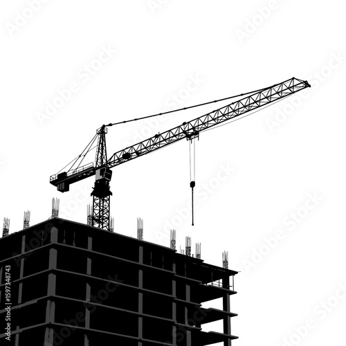 A stark black silhouette of a towering construction crane overlooks an unfinished building against a pure white background, symbolizing development and progress.