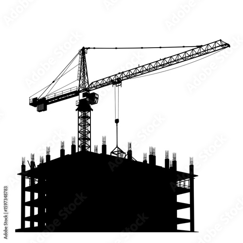 A construction crane silhouetted against a white background is actively building a high-rise structure, representing urban development and industry.