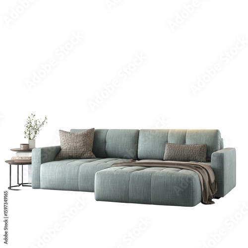 Wallpaper Mural A teal sectional sofa with plush cushions, a chaise lounge, and two accent pillows sits beside a small side table with a potted plant Torontodigital.ca