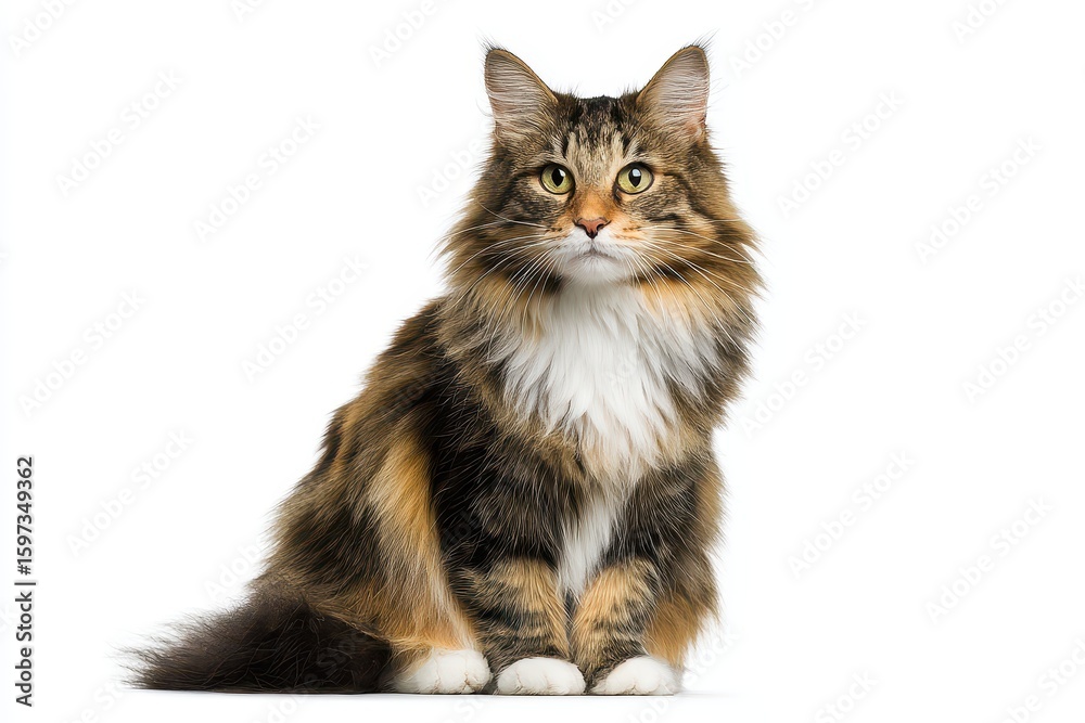 Obraz premium Norwegian Forest cat sitting calmly with a front view, showcasing beautiful fur and attentive expression in a bright setting