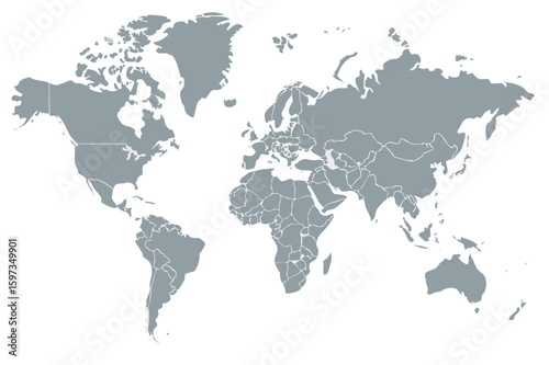 A gray world map displaying continents and country borders on a white background showing geography details | editable eps vectors silhouette