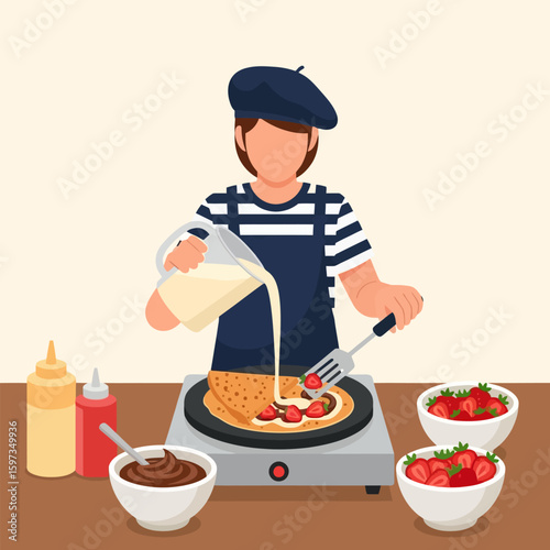 Cartoon Chef Making Crepes with Strawberries and Cream Sauce on Cooktop