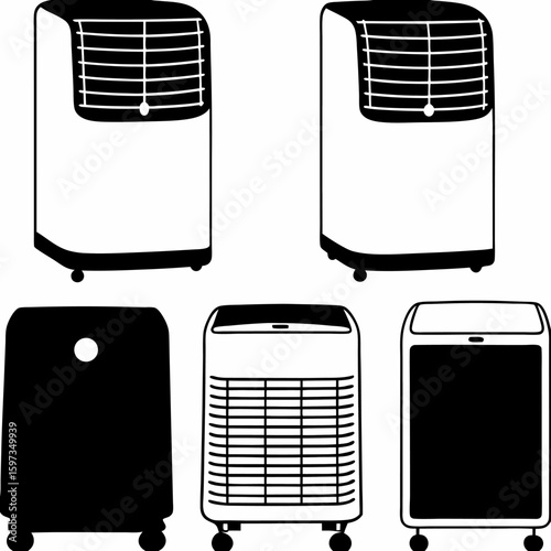 Illustration showcasing five portable air conditioners in black and white minimalist design style | editable eps vectors silhouette