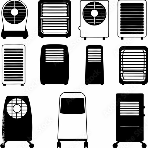 Collection of various portable air conditioners and evaporative coolers in black and white silhouette style | editable eps vectors