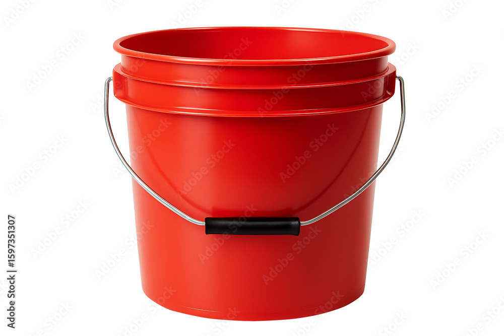 Red Plastic Bucket with Metal Handle Isolated on White Background Red Plastic Bucket with Metal Handle Isolated on White Background