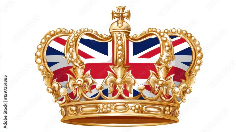 Fototapeta premium This golden crown features the Union Jack design prominently displayed on its front, symbolizing British heritage and monarchy. The intricate details capture the essence of royalty.