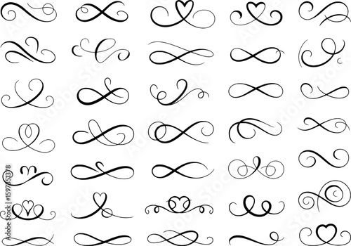 Elegant black flourishes and decorative swirls with heart shapes vector