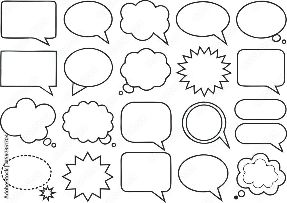 Obraz premium Twenty Diverse Black Outlined Speech Bubbles and Thought Bubbles on White Background dialogue bubble
