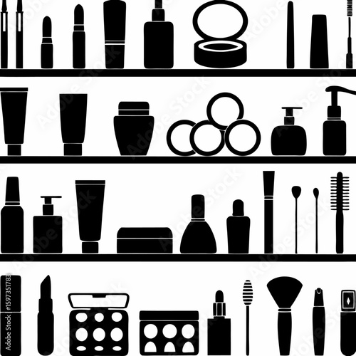 Silhouetted cosmetic products arranged on shelves including lipstick bottles and makeup brushes displayed neatly | editable eps vectors