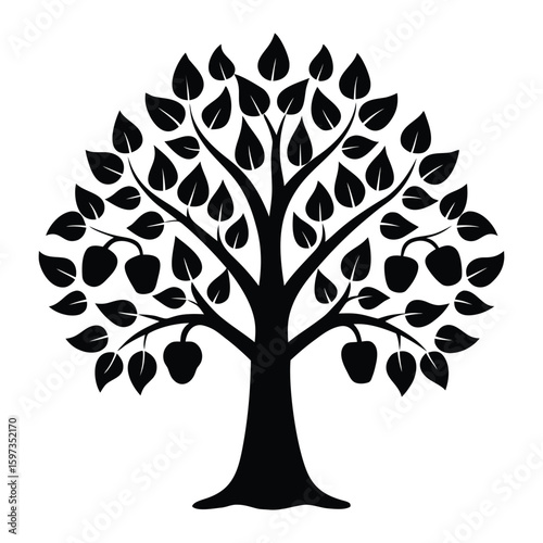 Simple black pear tree silhouette illustration isolated on white background