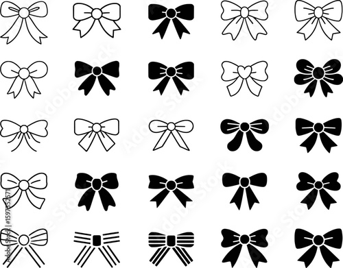 Various bow designs black and white line art and solid fill ribbon knot