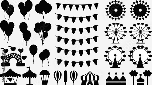A black and white illustration featuring carnival elements like balloons, tents, and a ferris wheel design | editable eps vectors silhouette
