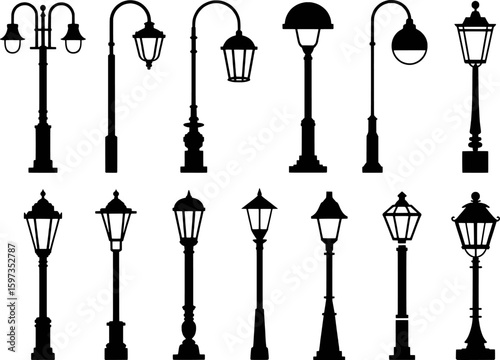Various vintage street lamps in silhouette light poles