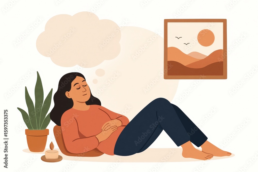Obraz premium A tranquil scene depicting a young woman reclining and daydreaming amidst indoor greenery with calming accessories evoking relaxation and mindfulness in a nurturing atmosphere