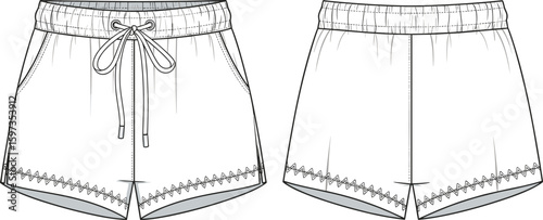 women’s drawstring shorts flat sketch, fashion CAD drawing, front and back view, elastic waistband shorts, technical vector illustration, casual summer bottom template