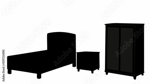 Illustration of a bed with a curved headboard, a nightstand, and a wardrobe with doors in solid black | editable eps vectors silhouette