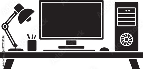 Black and White Workspace Icon with Monitor, CPU, Desk Lamp and Accessories, computer icon, desk setup, monitor icon, cpu icon, table lamp, black icon,