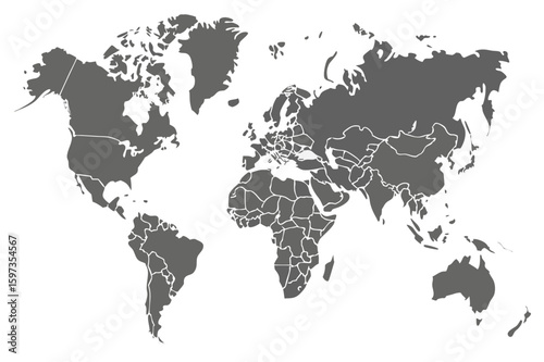 Detailed world map illustration showcasing continents and country borders in neutral gray tones on white | editable eps vectors silhouette