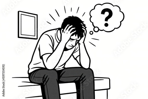 Frustrated man sitting on edge of bed holding his head in confusion and despair conveying the struggle of overcoming indecision with emotional turmoil illustrated in a minimalist setting